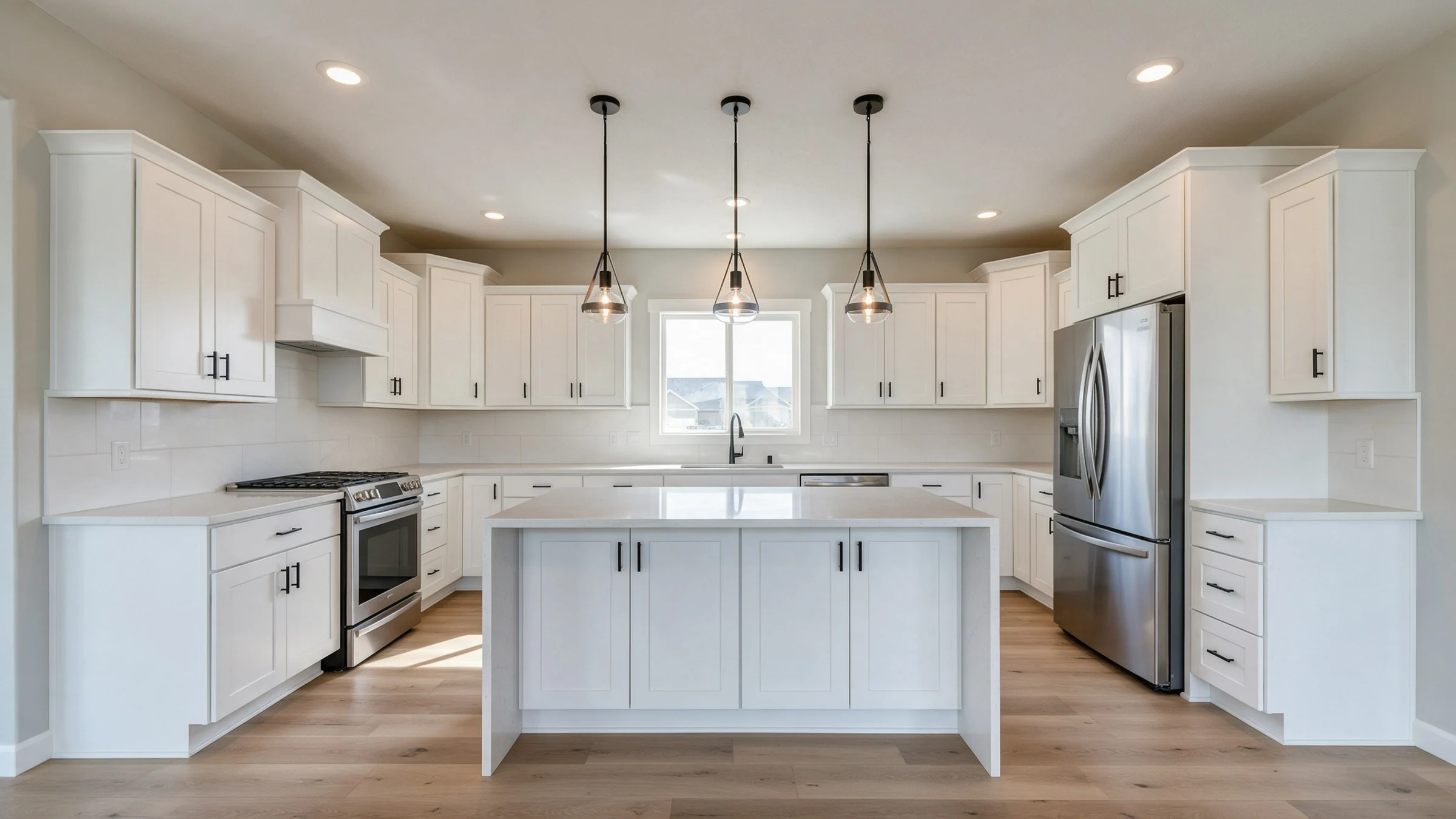 A white shaker kitchen with an island, quartz counters and a stainless fridge, being traced by the scan